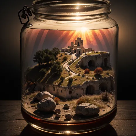 (An intricate minitown Matera landscape trapped in a closed jar), atmospheric greenish lighting, Realism, film grain, super detail, on a desk, its autumn in the jar. 4k UHD, dark vibes, hyper detailed, vibrant colors, reddish sky background, epic compositi...