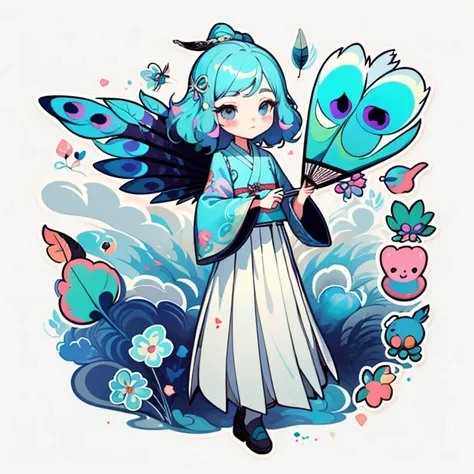 1 sticker, handbook, (Sticker, 1 girl, Korean clothing, Gorgeous collared top, pleated long skirt, embroidery, peacock, hairpin, folding fan, feather, Splitting the parts), watercolour, whitebackground, Simple background, minimal, Cute, tiny, Color: pastel...