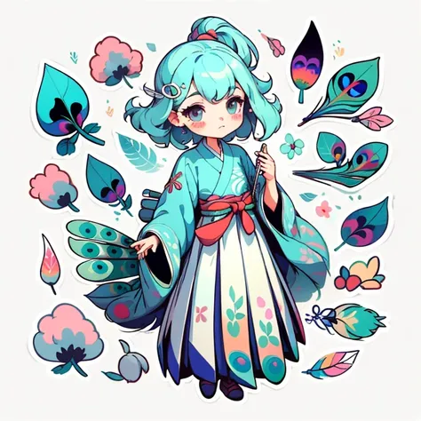 1 sticker, handbook, (Sticker, 1 girl, Korean clothing, Gorgeous collared top, pleated long skirt, embroidery, peacock, hairpin, folding fan, feather, Splitting the parts), watercolour, whitebackground, Simple background, minimal, Cute, tiny, Color: pastel...