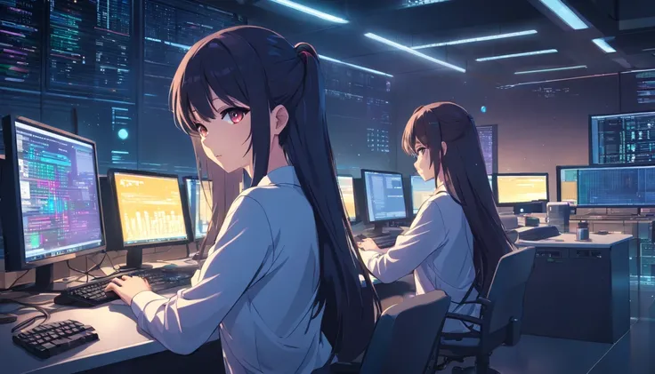 Upper body shot, Long shot, master peace, High-quality, (Wide-angle), Dark lighting, Large server room with a many servers and PCs and monitors, A hacker Female using a smartphone, (Perfect face, Detailed face, Detailed eyes, Perfect hands), with many coll...