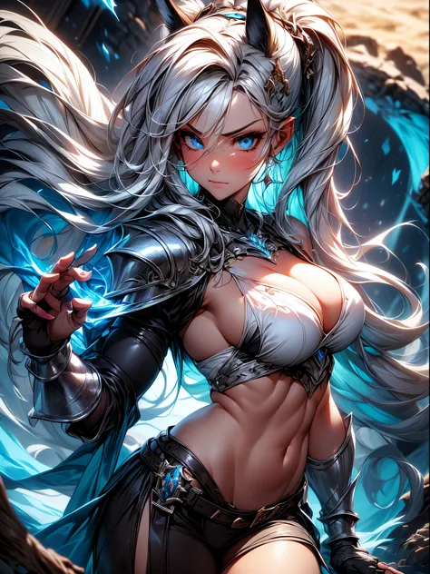 absurderes ,1 girl,Serious,Silver hair,worried woman ,Wolf ears,Blue eyes,Bikini Armor,Abs,muscular,Silver Gauntlet ,leather waist seat,BREAK,Dynamic Angle,Dynamic lighting,wasteland,Fantasy,BREAK,(close range),(Front view,From  above:1.2),Best Quality,Ins...