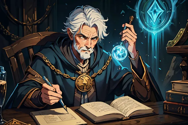 There was a man sitting at the table writing a book, an arcane wizard casting a spell, Retrato de um Mago, Retrato de um mago da floresta, assistente senta-se lendo em uma mesa, retrato do livro do RPG, Retrato de um jovem mago elfo, Retrato de Merlin, Moh...