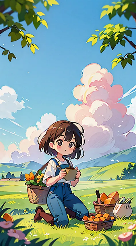 spring, midday, sky, clouds, working on a farm, (trees:0.4), Cute little farmer girl kneeling in field with basket of sweet potatoes, bara, shirt, trousers, Knee boots, girl holding a shovel