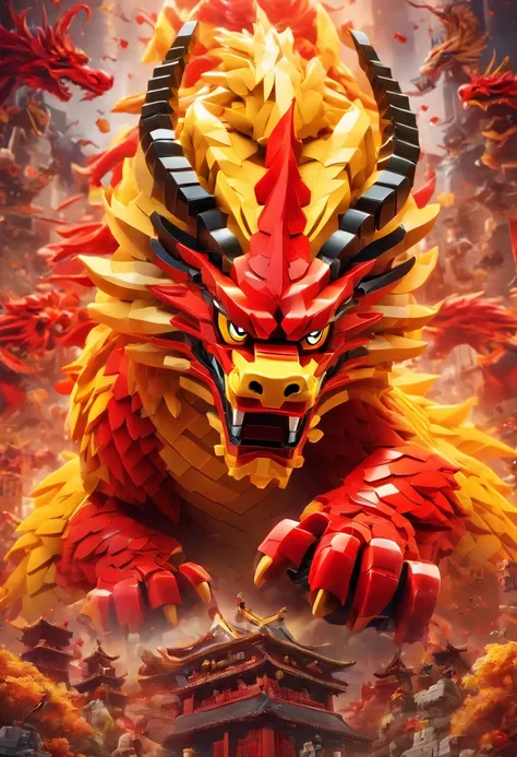 Lego design,red and yellow,Chinese dragon,Four claws,Attack action,Talpion,Macron color gradient temple background,hyper - detailed renderings,3D render