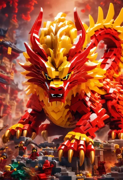 Lego design,red and yellow,Chinese dragon,Four claws,Attack action,Talpion,Macron color gradient temple background,hyper - detailed renderings,3D render