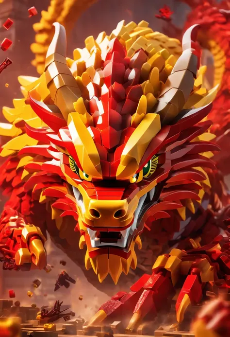 Lego design,red and yellow,Chinese dragon,Four claws,Attack action,Talpion,Macron color gradient temple background,hyper - detailed renderings,3D render