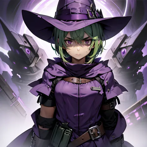 top-quality、extremely delicate and beautiful、(A teenage girl)、Purple Eye、Green hair、short-haired、(purple witch hat)、Purple tie、Soio、shortsleeves、Purple skirt、Tactical Vest,Purple Wizard Robe、Navel、is standing、Facing the front、Expression of hatred、Dark back...