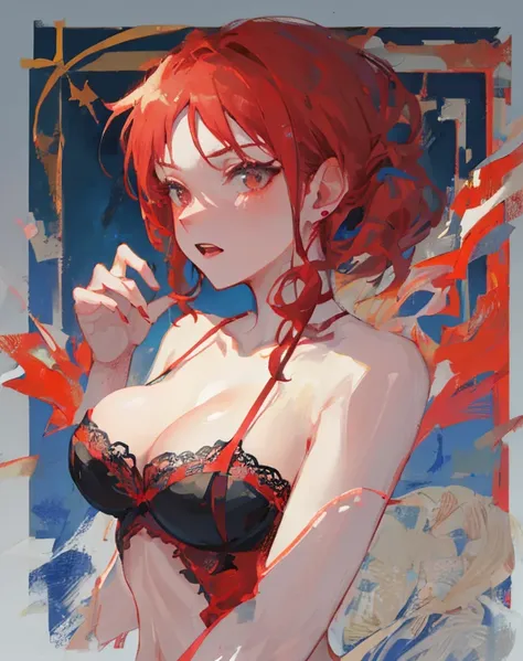 "(best quality,highres:1.2),ultra-detailed,photorealistic:1.37,sexy red-haired milf,provocative gaze,radiant beauty,curvaceous figure,alluring confidence,sensual expression,red lace lingerie,soft lighting,passionate atmosphere,vivid colors,subtle seduction...