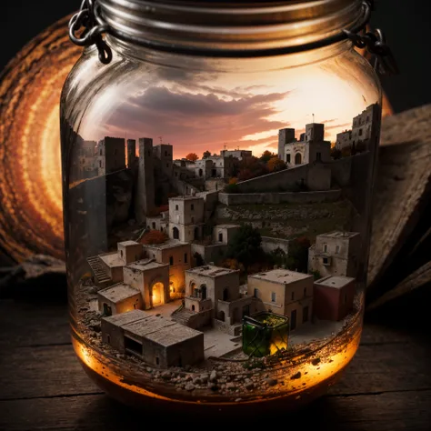 (An intricate minitown Matera landscape trapped in a closed jar), atmospheric greenish lighting, Realism, film grain, super detail, on a desk, its autumn in the jar. 4k UHD, dark vibes, hyper detailed, vibrant colors, reddish sky background, epic compositi...