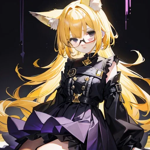 Short light yellow hair，Wear a black and purple full skirt，He has yellow fox ears，Black glasses with very thick frames，Wears black silk to the knees，This is a cute loli girl