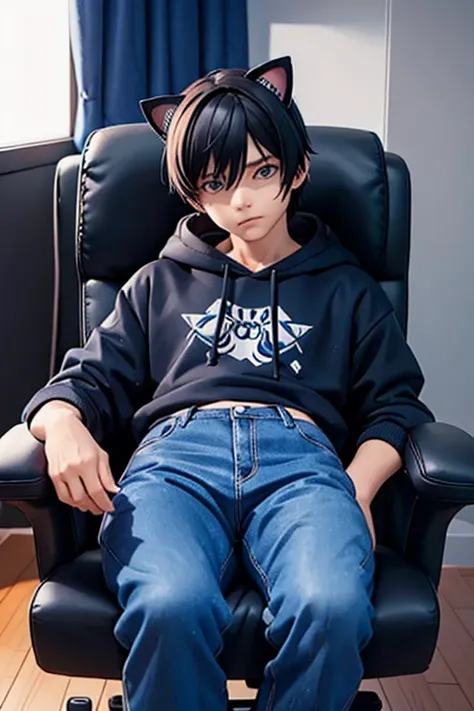 person with cat ears, 20 years old, sitting in a gaming chair, male, wearing blue jeans and a black hoodie, short hair