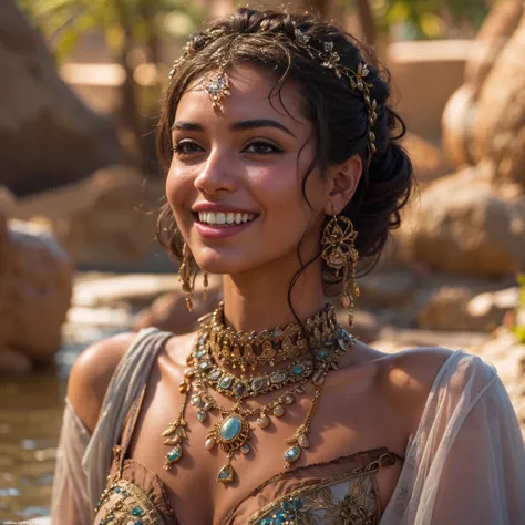 (Best quality, 8k, 32k, Masterpiece, UHD:1.2) water nymph welcomes you to her private oasis, deep in the desert, jewelry, clothed, sfw, north africa, closeup, smile