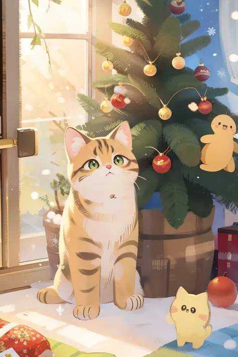 One cute cat, At the Ice Fruit Shop ,Christmas tree, sun light from window.