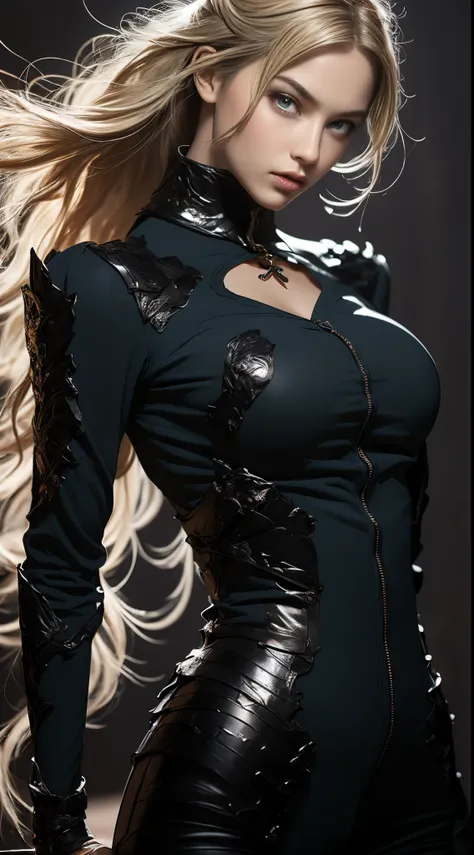 8k, top-quality, （pubic hair beauty), hight resolution, 逼真, realperson, high detal, Ultra-detailed, Blonde female swordsman on western magic background，anatomy correct