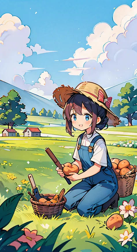 spring, midday, sky, clouds, working on a farm, (trees:0.4), Cute little farmer girl kneeling in field with basket of sweet potatoes, bara, shirt, trousers, Knee boots, young woman holding a shovel