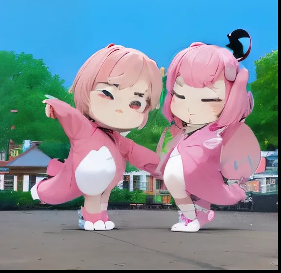 there are two pink dinosaur that are standing in the street, poyo, yoshitomo nara and aya takano, holding a pudica pose, tpose, danbooru, haruno sakura, yuruyuri, chibi, nyaruko-san, attack pose, very sad, vrchat, dancing with each other, doing a sassy pos...