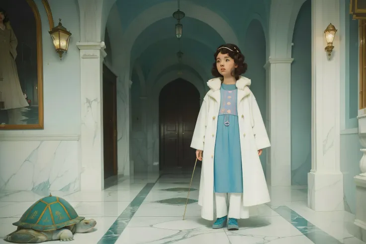 mysterious white magical city. Palace. Marble and crystall glass. Pre-raphaelite ((((9-year-old)) Momo)), homeless girl, messy short curly hair, oversized coat, walking next to a big turtle, ((((big and unkempt Clothing from the 1960s)))), ((curly Hairstyl...