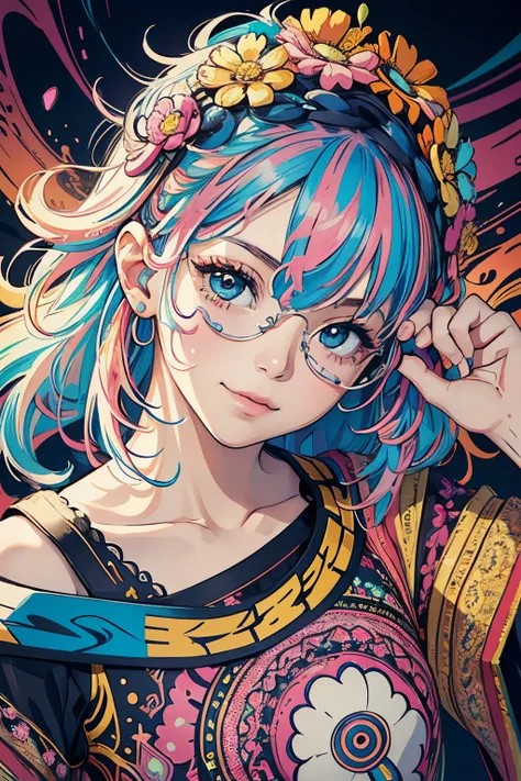 ((flowercrown)),Contemporary art created by tracing traces of colorful ink、​masterpiece、ultra-detailliert、pop-art、innocent smiles、eye glass、(1 girl, Solo:1.6),(Cute smile), (Best Impact:1.5), (maximalism:1.7), Vivid contrast, (Realistic), hyperrealistic il...