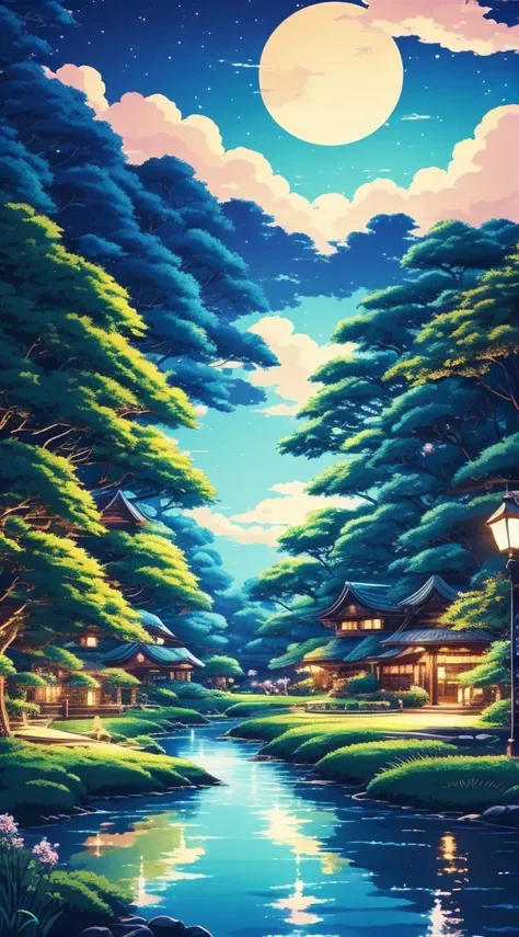 Studio Ghibli aesthetic scenery background wallpaper, night, nature, magical