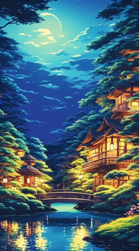 Studio Ghibli aesthetic scenery background wallpaper, night, nature, magical