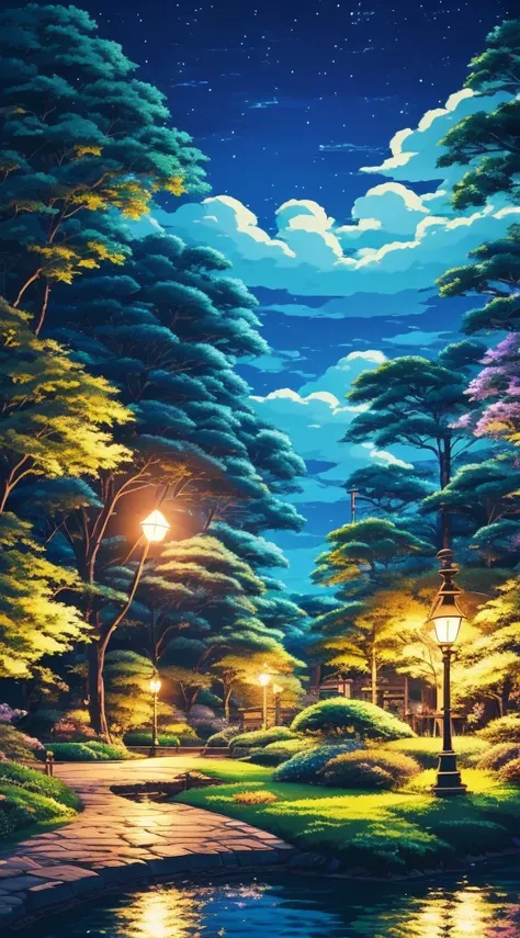 Studio Ghibli aesthetic scenery background wallpaper, night, nature, magical