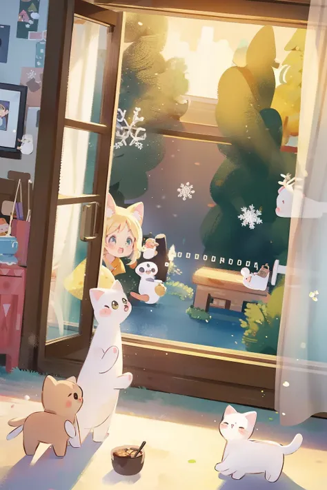 A cute cat and girl, At the bakery ,Christmas tree, sun light from window, nevando.