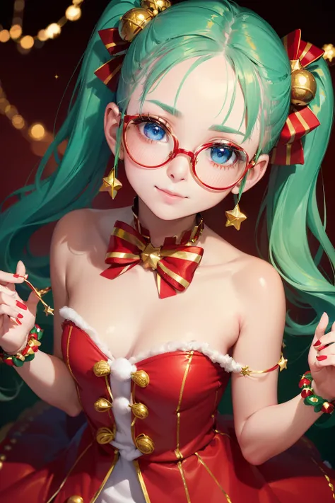 A little girl, smiles, (Very small breasts）, (deep blue eyes), (Pale green hair, Short hair, forehead, Small pigtails), (red-half-rimed glasses),  wearing a Christmas tree-inspired outfit, featuring a green tinsel mini-dress resembling tree branches, adorn...