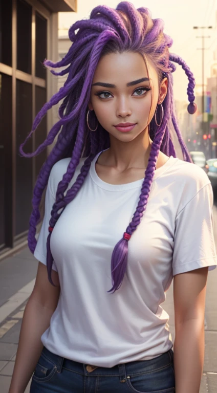 Quality (photo realistic style, UHD, 16k, textured skin, hight resolution), a handsome female, The perfect female face, dreds, purple hair, white tshirt, Sad smile