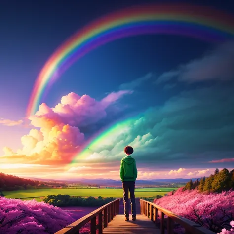 (digital painting),(best quality), boy standing on cliff facing backwards, watching rainbow on sky, colorful clouds, cherry blossoms in full bloom, footbridge to rainbow, green grass, photography style, 8k ultra-realistic, pastel color scheme, soft lightin...