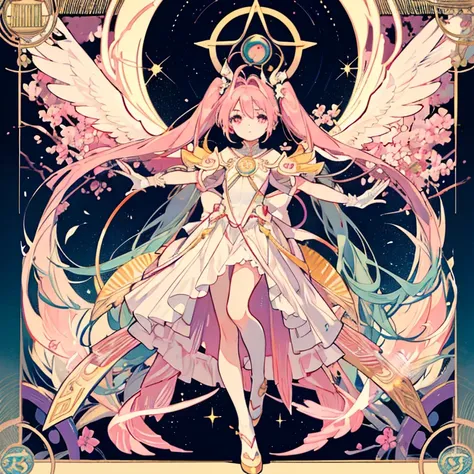 hatsune miku，Opening legs Light vintage color,planar,,RISO Print Style,illustartion,Adols,Leave empty space,Low saturation,Individually organized，beautiful detail eyes, The vibrant, cinematiclight, full_body, Pink_Flowers, (tarot_card), Intricate, Detailed...