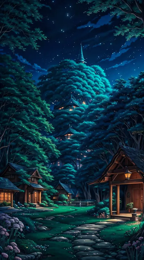 Studio Ghibli aesthetic scenery background wallpaper, nature, magical, anime, cartoon, night