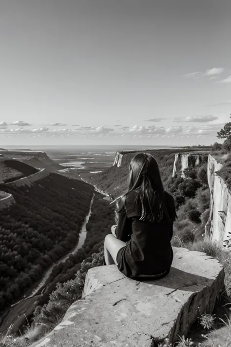 Black and white image, Highly detailed outdoor nature landscape, young woman sitting alone on the edge of a cliff, taken from the back, inspired by the style of Ken Duncan well known as the pioneer of landscape, in making use of dodging and burning to edit...