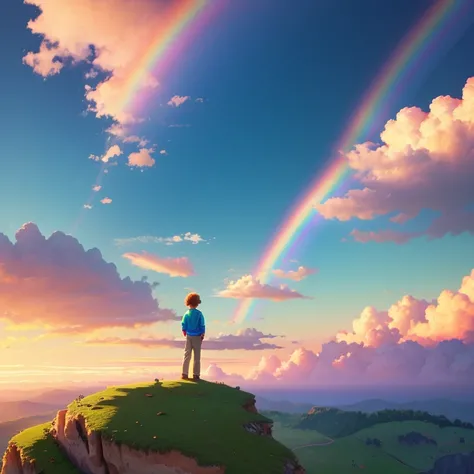 (digital painting),(best quality), cliff view, boy standing on cliff facing backwards, watching rainbow on sky, colorful clouds, green grass, photography style, 8k ultra-realistic, pastel color scheme, soft lighting, golden hour, tranquil atmosphere, lands...