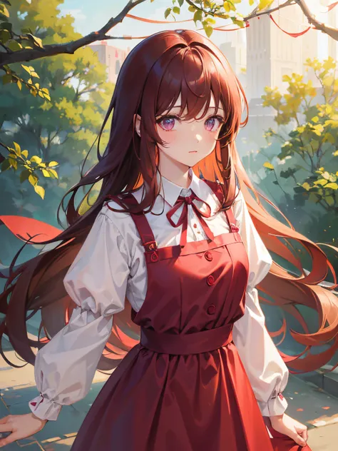 Pastel Red、Daytime park、high-level image quality、Brown hair long hair、Red ribbons、Reddish-purple eyes、Workwear、PastelColors、The upper part of the body, Delicate drawing、