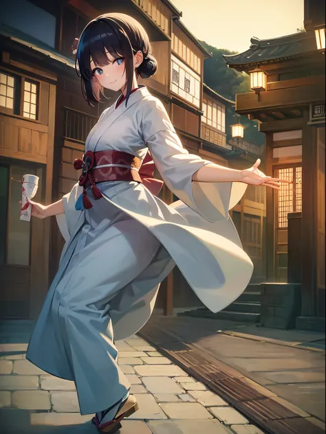 (8K、top-quality、​masterpiece)、Taisho Era、japanese kimono、Beautiful adult woman、Graceful、Kyoto Street,Smile、((Super Giant Chest)),heartful dance、Moon Night,The beautiful old town of Kyoto,galleries,