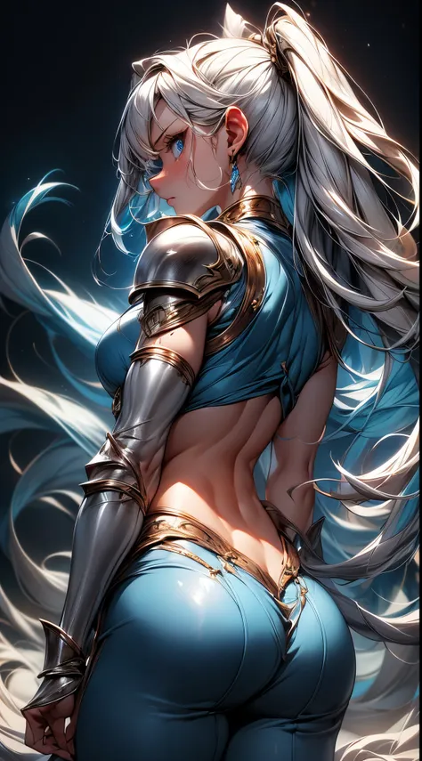 absurderes ,1 girl,serious,silver hair,worried woman ,wolf ears,blue eyes,bikini armor,abs,muscular,silver gauntlet ,leather wai...