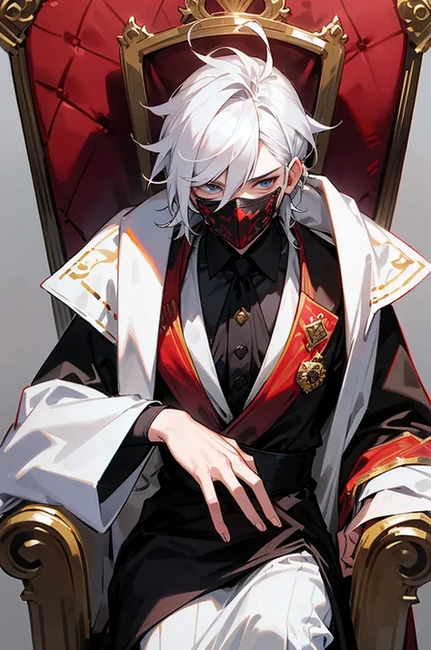 Make me a very handsome boy wearing a Black Crown. He is wearing a mask. His hair color is White. He is Sitting on a throne. He is covered with blood He is in blood He is covered with blood. He is a Teenager.