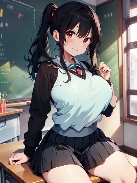 (masterpiece, best quality:1.37), highres, ultra-detailed, ultra-sharp, BREAK, Japanese school girl, 1girl, (black hair, medium hair, pony-tail hair style), red eyes, jewelry, earrings, piercing, BREAK, ((detailed jumper skirt uniform:1.3), (((jumper skirt...