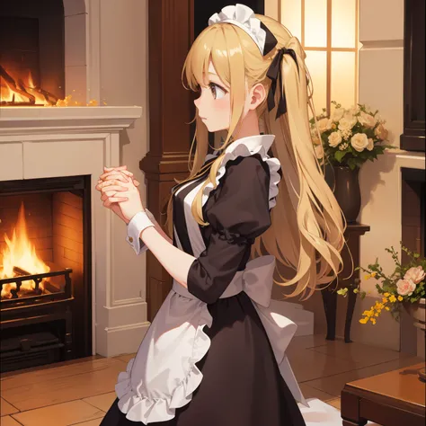 1girl in、a blond、Maids、Warm your body by holding your hands in front of the fireplace、Depends on the proximity of the fireplace、profile、see fireplace、Warm mood