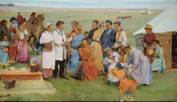 A group of Mongolians welcome the arrival of the doctor，standing in a field，, being in the grassland,camelstoe，higher details，having fun，enjoyable，mongol，Best quality for HD production，tmasterpiece，（oil painted：1.5），（Stanley Ategg Liu：0.106），（a detailed pa...