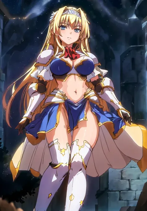 (Night:1.7), Castle, in the dark castle, star_(sky), starry_sky, tower, town, armor, gauntlets, hairband, wearing a blue outfit, a red scarf with a bow around her neck, boots, greaves, thighhighs, navel, skirt, Alicia Arcturus, blonde_long_hair, blue_eyes,...