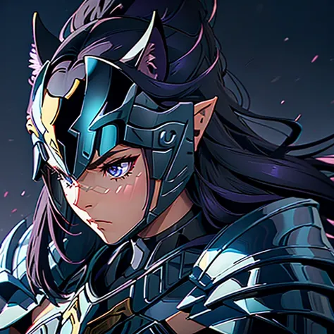 a woman wearing a black panther armor,, saint seiya, black panther armor, panther helmet, dark purple hair, mid-long hair, , cha...