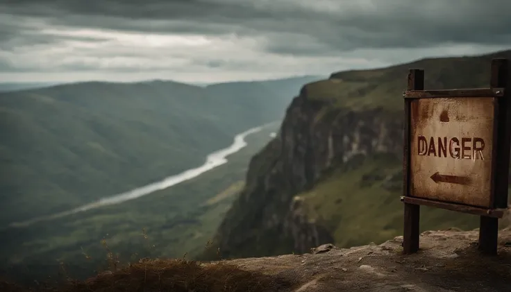 A high-resolution image of a danger sign posted at the edge of a steep cliff, with the vast landscape and drop-off creating a visually stunning and awe-inspiring scene.