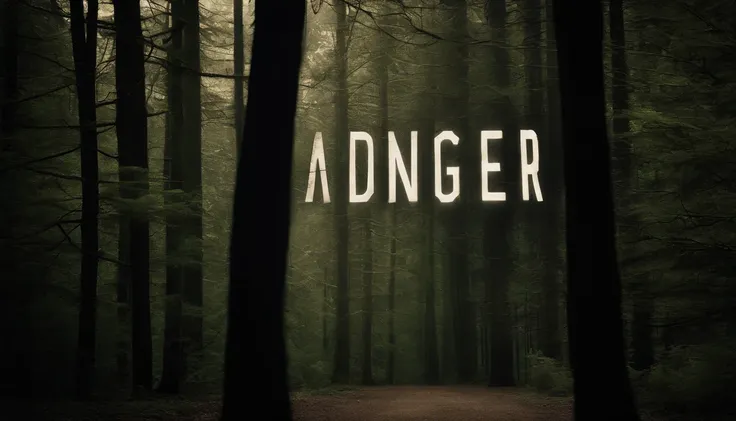 A visually stunning composition of a danger sign surrounded by a forest of tall, ominous trees, with shadows cast across the sign and creating a visually haunting and mysterious image.