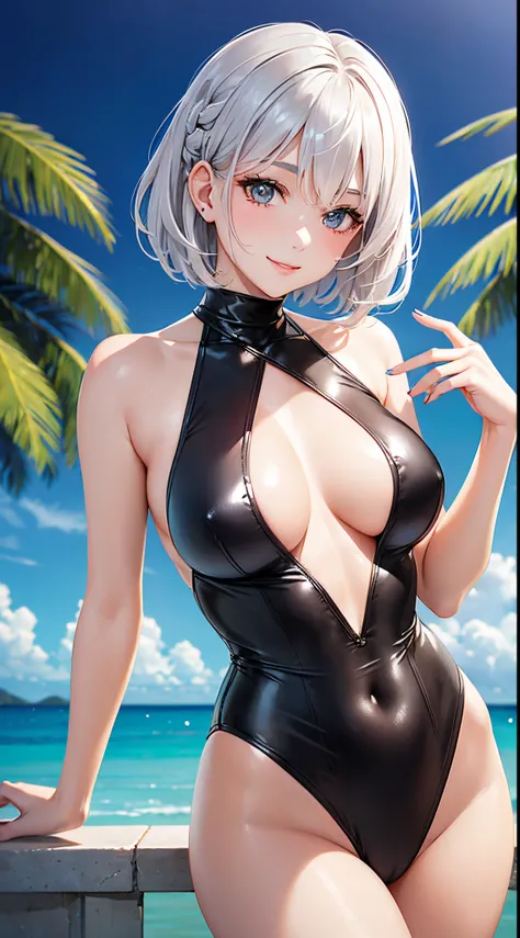 Unparalleled beauty, Glossy and firm skin, Silver hair, Beautiful and nice girl,kindly smile,Short hair,french braid hair,sexy see through high cut one piece swimsuit