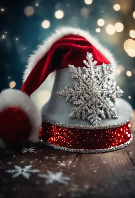 A high-resolution image of a Christmas hat adorned with sparkling sequins and shimmering silver snowflakes, creating a visually glamorous and festive scene.