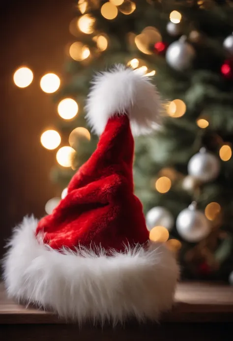 A close-up shot of a Christmas hat covered in fluffy faux fur, with individual strands visible and creating a visually soft and cozy image.