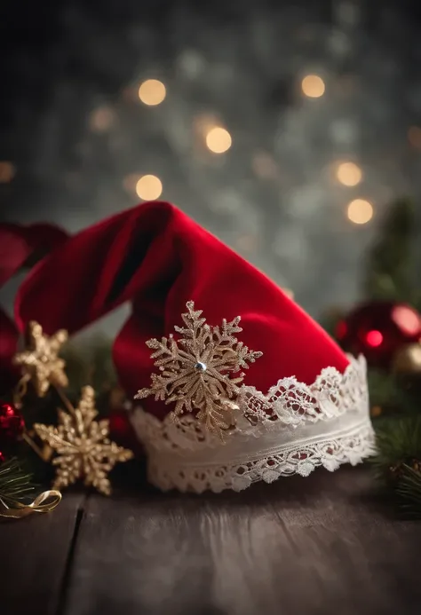 A visually pleasing composition of a Christmas hat adorned with delicate lace and satin ribbons, creating a visually romantic and whimsical image.