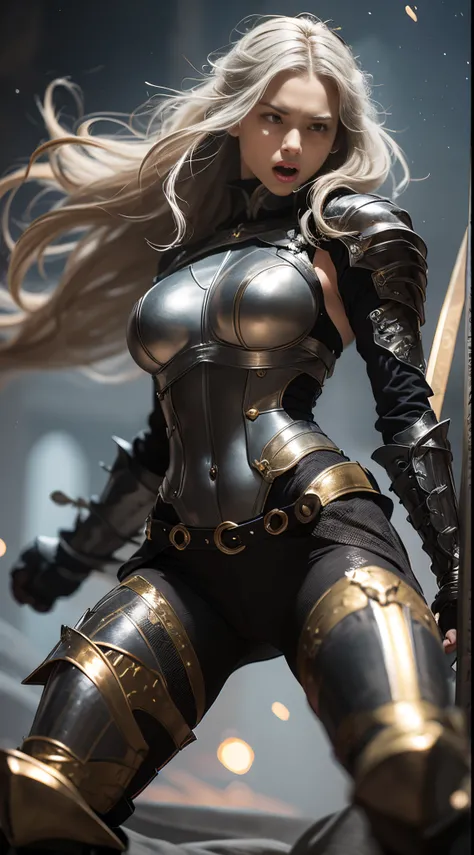 8k, best quality, highres, realistic, real person, A dynamic scene of a fierce and muscular female knight with golden hair, wearing light armor that reveals her muscular abdomen and arms, caught in the action of swinging her massive sword and shouting fier...