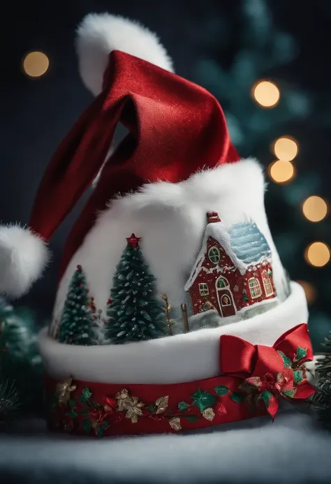 A close-up shot of a Christmas hat embellished with intricate hand-painted designs, featuring scenes of winter wonderlands and playful holiday characters, creating a visually detailed and artistic image.